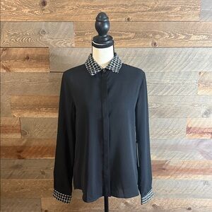 Have Black Button-Front Blouse with Check Tweed Collar & Cuffs